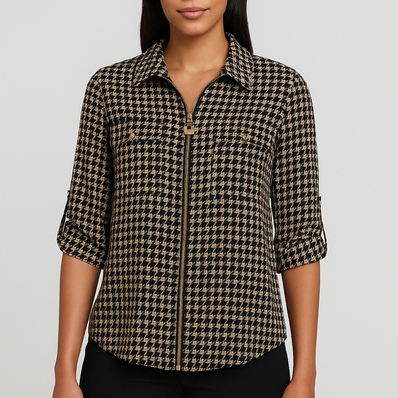 MICHAEL Michael Kors Black and Tan Houndstooth Zip Blouse - Picture 11 of 11